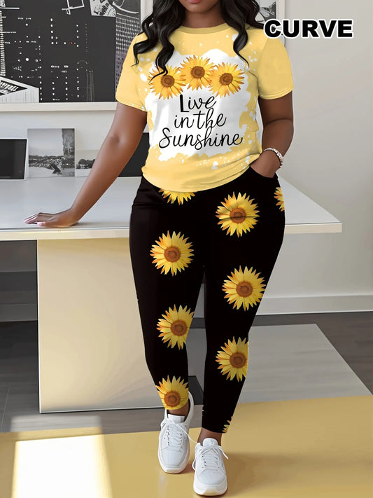 Floral Print Live In The Sunshine Lettering Women's Casual Suit - Pants With Pockets Chic Le'Meek