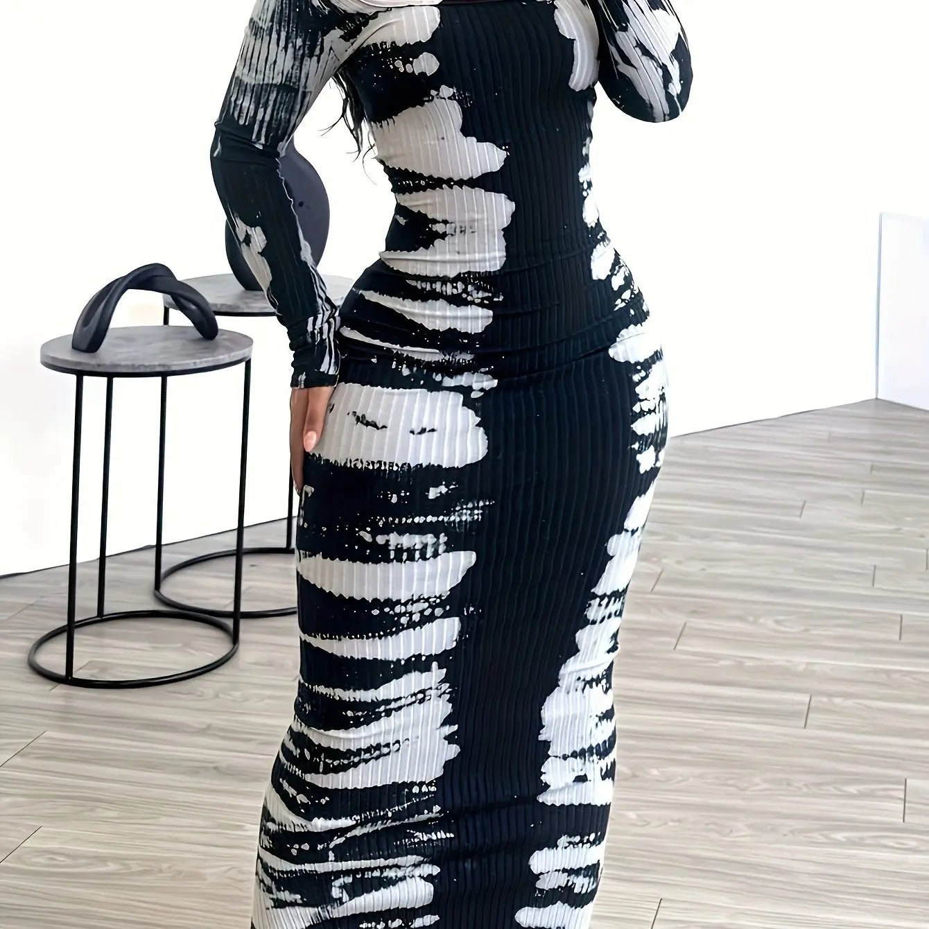 [Minimalist Chic] Elegant Black and White Tie-Dye Maxi Dress for Women - Chic Square Neck, Long Sleeves, Polyester Knit, Machine Washable Chic Le'Meek