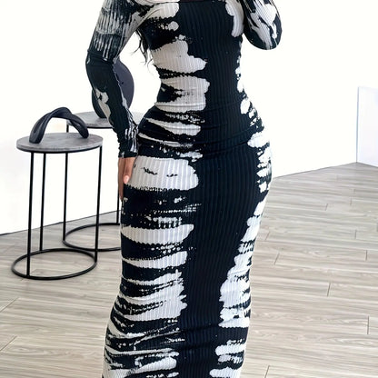 [Minimalist Chic] Elegant Black and White Tie-Dye Maxi Dress for Women - Chic Square Neck, Long Sleeves, Polyester Knit, Machine Washable Chic Le'Meek