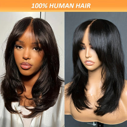 Easy-To-Wear 24" Mullet Wig With Bangs - 150% Density Bone Straight Human Hair, Glueless Lace Closure, Natural Brazilian Remy Hair For Women