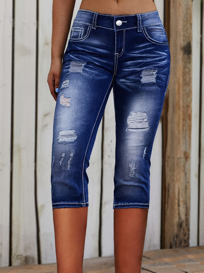 Plus Size Ripped Whiskering Distressed Washed Blue Capri Denim Pants, Women's Denim Jeans & Clothing