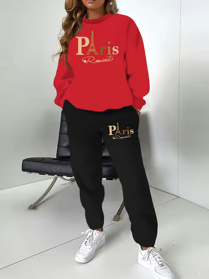 Plus Size Paris Print Two-Piece Set - Soft Slight Stretch Polyester Crew Neck Long Sleeve Sweatshirt and Sweatpants Outfits - Machine Washable, Casual, Alphabets Pattern, Positioning Printing, Knit Fabric