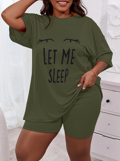 Plus Size Womens Comfort Lounge Set - Bold Eye & Slogan Print Tee with Shorts, Round Neck, Short Sleeve, Drop Shoulder - 2 Piece Casual Home Wear Set for a Stylish Relaxation