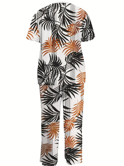 Smart Casual Plus Size Women'S Ethnic Style Crewneck Two-piece Short Sleeve Top And Long Pants Bottoms Set Chic Le'Meek