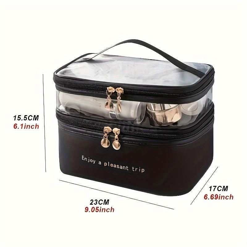 Large Capacity Double Layered Waterproof Transparent Makeup Bag - Portable, Travel-Friendly, Fashionable Cosmetic Storage with Polyester Material and Water Resistance