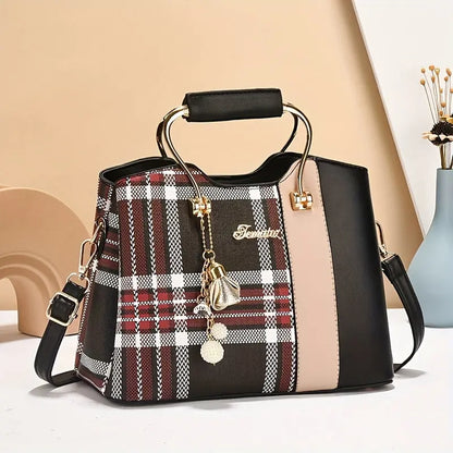 [Elegant Tote Bag] Elegant Plaid Tote Bag | Detachable Shoulder Strap & Zipper Closure, Black with Golden Accents, Charm Charms & Oil-Edged Trim, Versatile Handbag for Casual & Formal Outfits, Retro Handbag, Formal Accessory, Chic Le'Meek