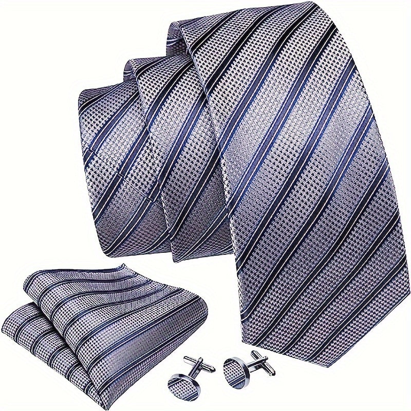 Sophisticated Men's Woven Striped Tie, Cufflink & Handkerchief Set - Perfect for Business, Parties & Gifting