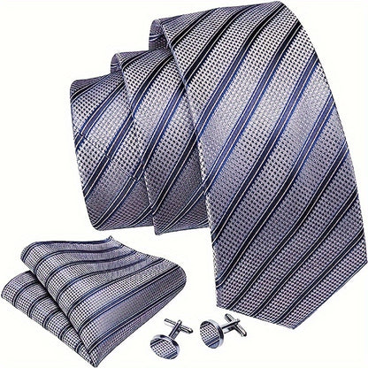 Sophisticated Men's Woven Striped Tie, Cufflink & Handkerchief Set - Perfect for Business, Parties & Gifting