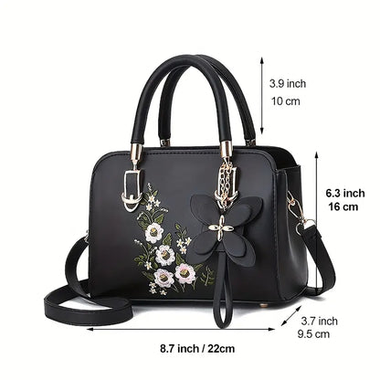 Elegant Flower Pattern Faux Leather Crossbody Handbag with Removable Strap and Rayon Lining - Zipper Closure, Embroidered Embellishment, Double Handle Design