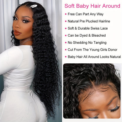 Brazilian Deep Wave Lace Front Wig HD Transparent 13x4 Lace Frontal Human Hair Wigs For Women Pre Plucked 100% Human Hair Deep Curly Wigs Natural Black Color 180%