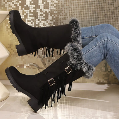 Women's Fluffy Pull On Boots, Platform Soft Sole Thermal Lining Winter Boots, Chunky Heel Tassel & Buckle Snow Boots for halloween Chic Le'Meek