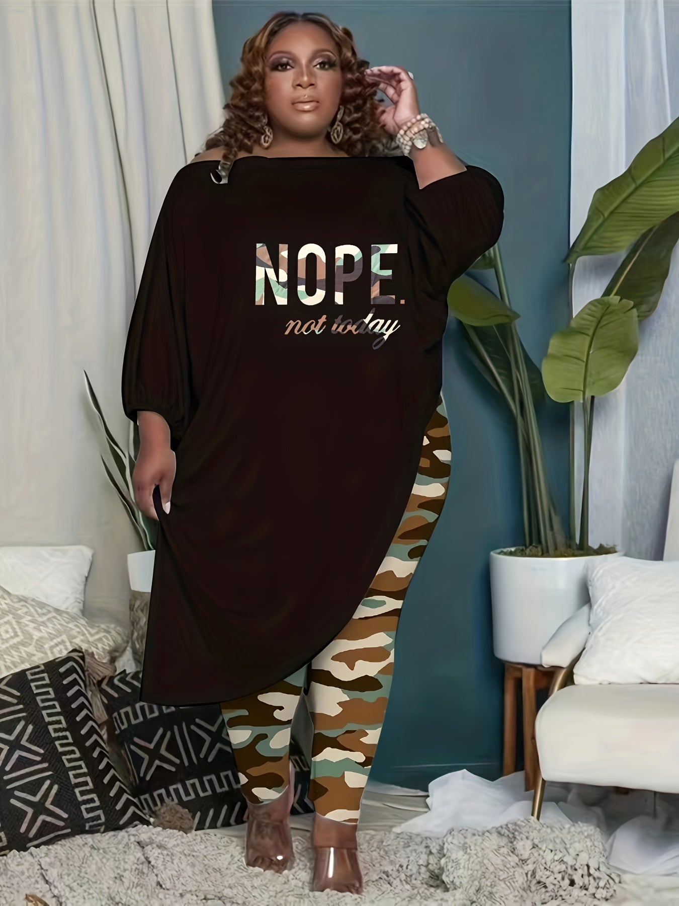 Plus Size Casual Outfits Two Piece Set, Women's Plus Slogan Print Bubble Sleeve Off Shoulder Asymmetrical Hem Top & Camo Print Leggings Outfits 2 Piece Set