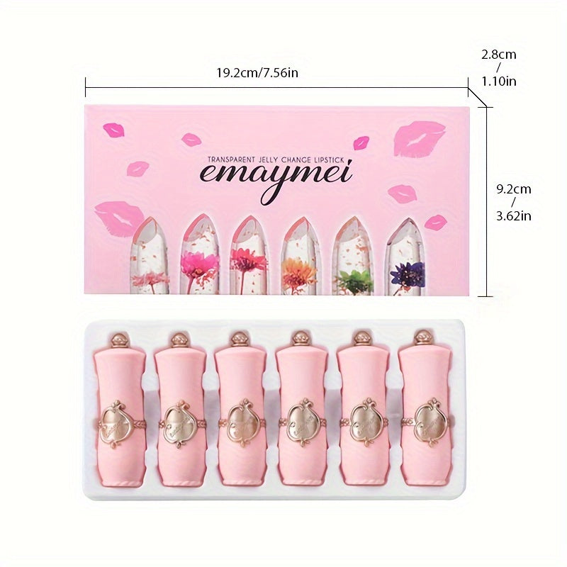 emaymei Transparent Jelly Change Lipstick: 6-Piece Set with Crystal Golden Foil, Flower Petals, and Shimmering Pink Hues