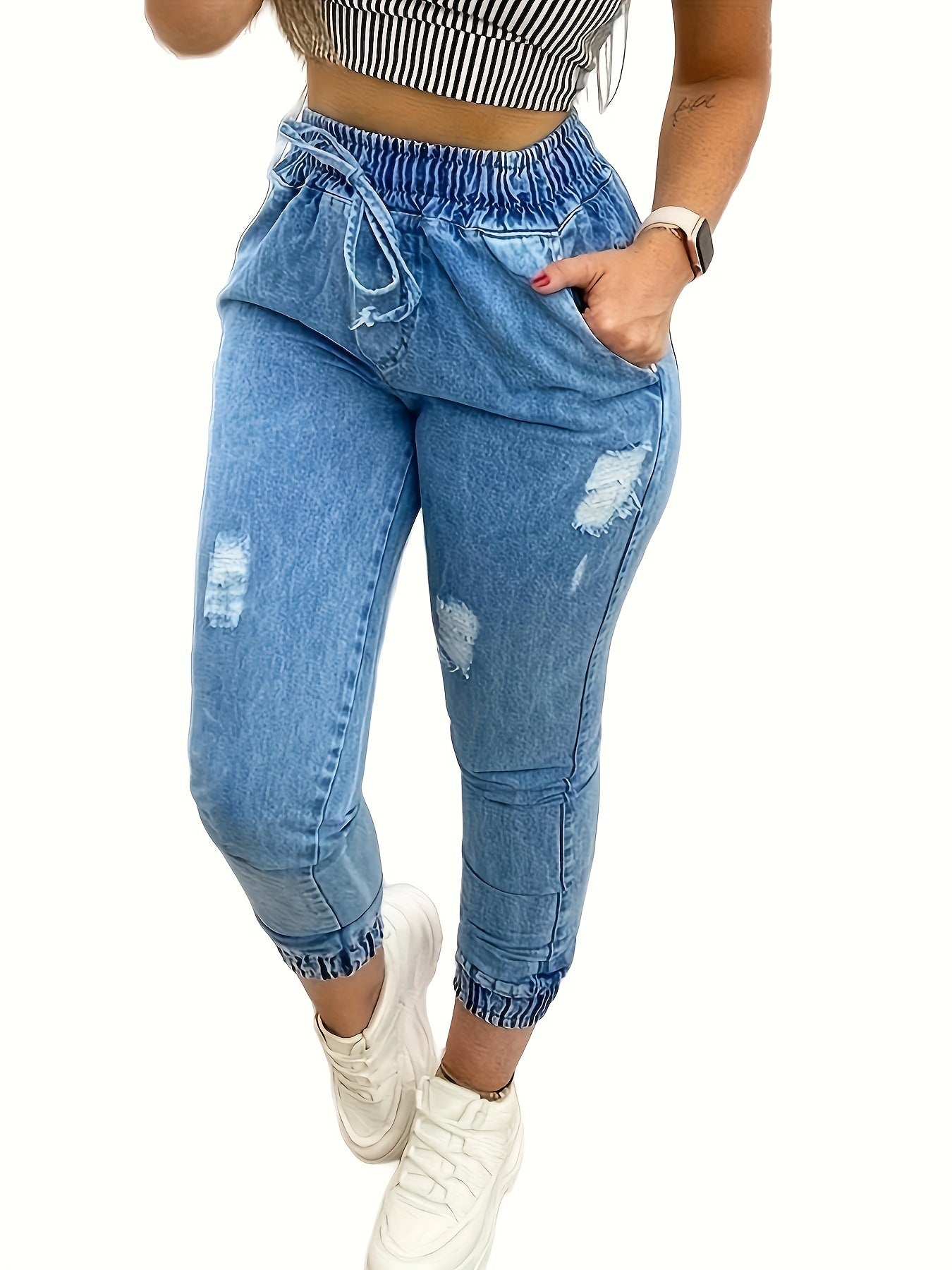 Plus Size Ripped Plain Washed Blue Drawstring Elastic Waist Jogger Denim Pants, Women's Denim Jeans & Clothing