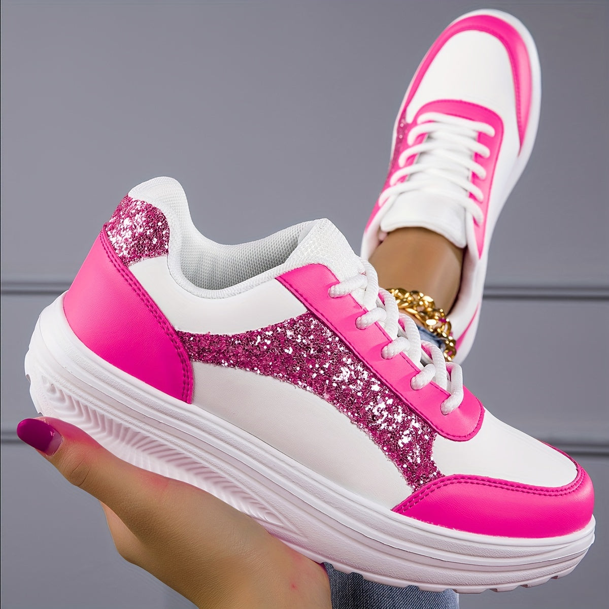 New Season All-Season Lightweight Mesh Breathable Sneakers - Sequin Decorated Faux Leather Upper, Thick EVA Sole, Superfine Fiber Insole, Random Printing - Perfect for Casual Running and Everyday Wear