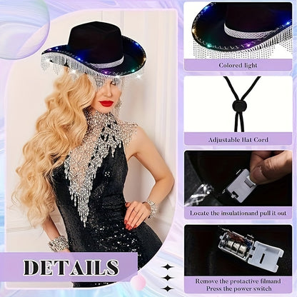 3 Pcs Sparkling Rhinestone Cowboy Hat Set - Glittering Headwear with Detachable Glasses, Headscarves, Adhesive Rhinestone Letter Patches, and Stylish Accessories for Costume Party or Fashion Statement