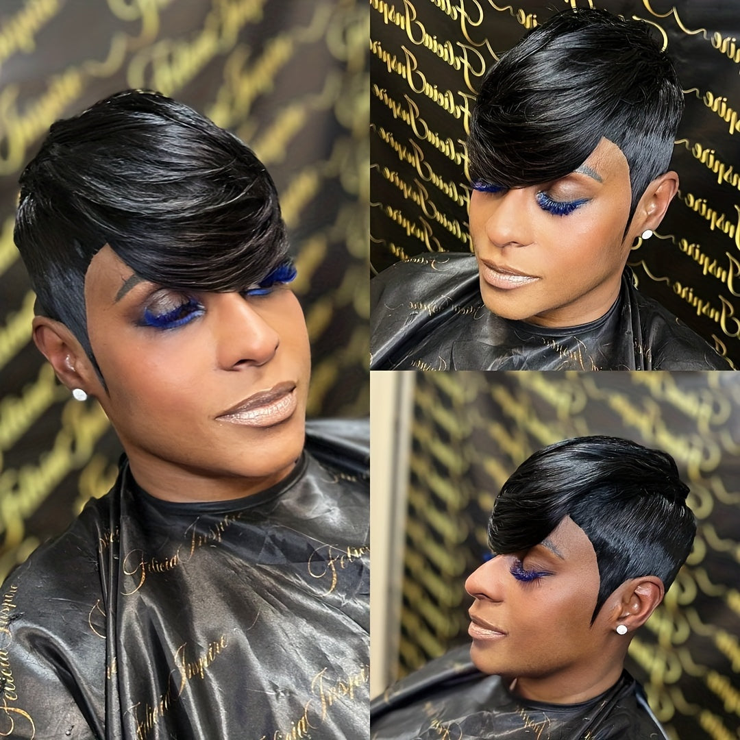 Pixie Cut Short Wig in Real Brazilian Hair - Glueless with Bangs, 150% Density, Various Colors | Ideal for Everyday & Special Occasions