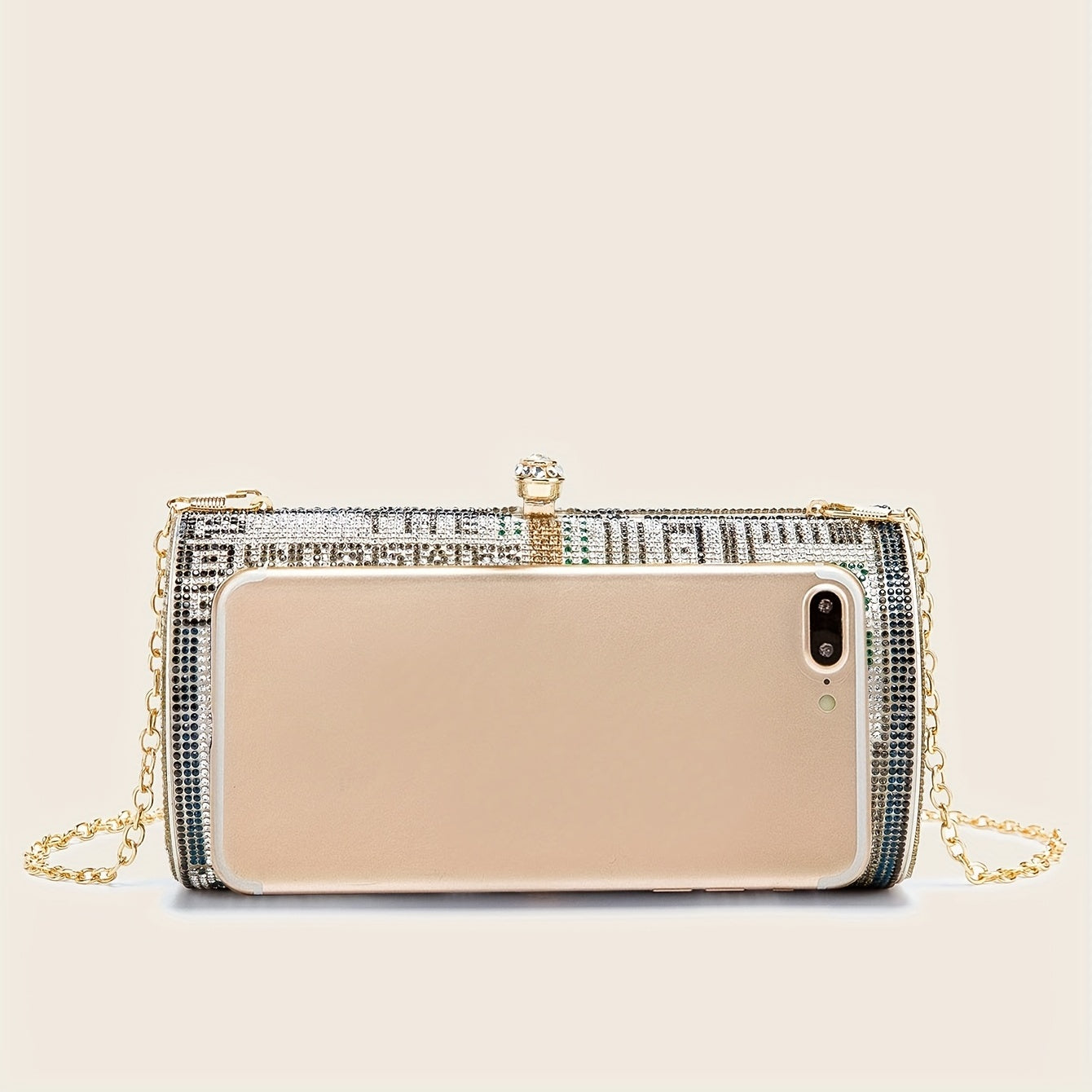 Sparkling Dollar Pattern Clutch Bag - Glamorous Cylinder Rhinestone Glitter Kiss Lock with Adjustable Metal Chain