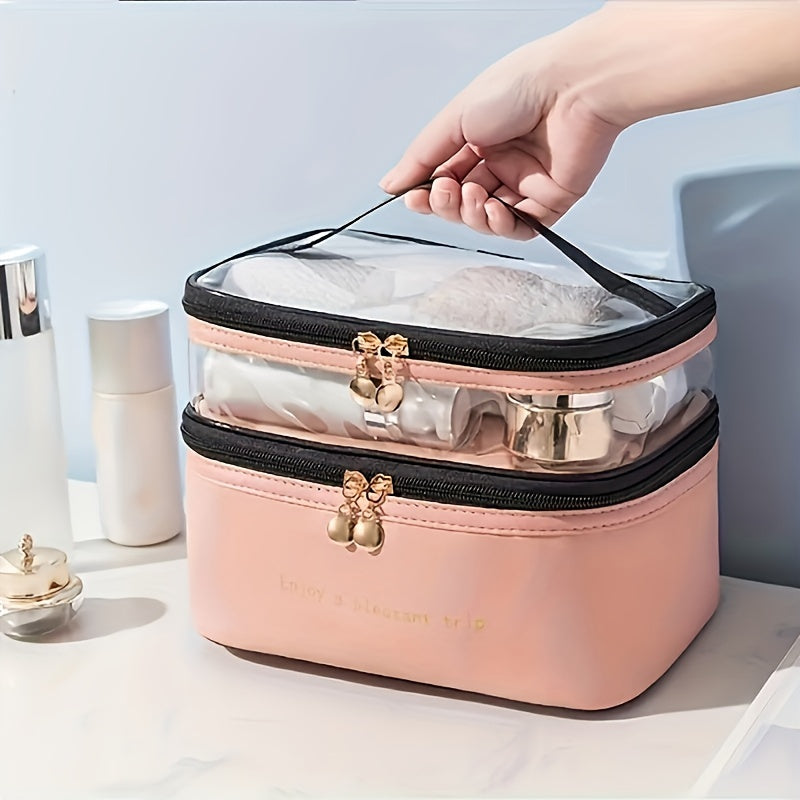 Large Capacity Double Layered Waterproof Transparent Makeup Bag - Portable, Travel-Friendly, Fashionable Cosmetic Storage with Polyester Material and Water Resistance