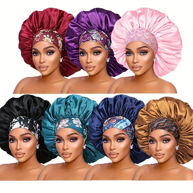 5pcs Luxurious Satin Sleep Caps for Women - High-Density, Breathable, Moisture-Wicking - Elastic Wide Band, Curl Saver, All-Season Shower Cap, Soothing Comfort for Chemo Patients