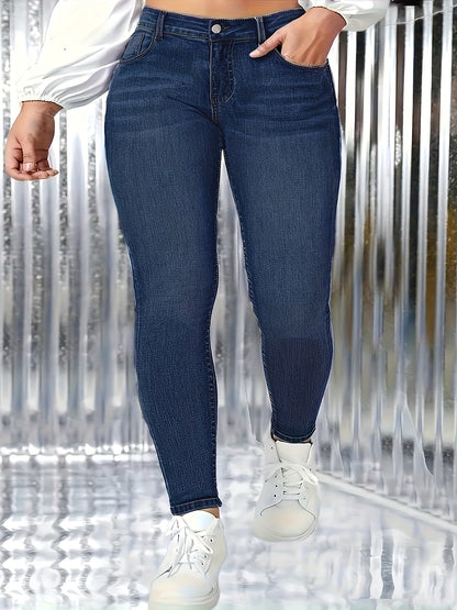 Plus Size Plain Skinny Fit Washed Blue Casual Style Zipper Button Closure Denim Pants, Women's Denim Jeans & Clothing