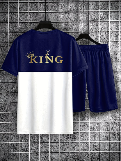 2pcs King Letter Print Mens Summer Outfit Set - Vibrant Color Block Tee & Shorts with Handy Pockets - Comfy Short Sleeve Crew Neck for Stylish Leisure Wear