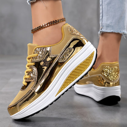 Breathable, Stability, Shiny Accents, Glitter Design, Lace-Up Closure, PU Sole, Fabric Insole, Random Printing - Comfortable Walking Shoes for Everyday Wear