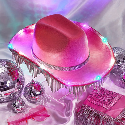 3 Pcs Light Up Rhinestone Cowboy Hat Glitter Cowboy Hat With Glasses, Headscarves, Adhesive Rhinestone Letter Patches (Pink)