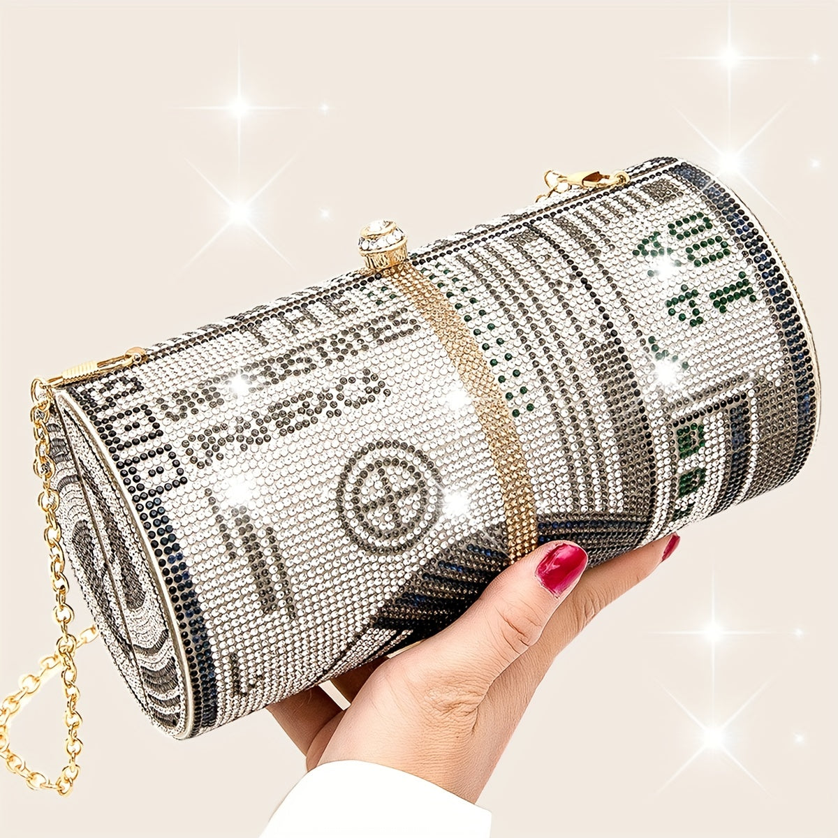 Sparkling Dollar Pattern Clutch Bag - Glamorous Cylinder Rhinestone Glitter Kiss Lock with Adjustable Metal Chain