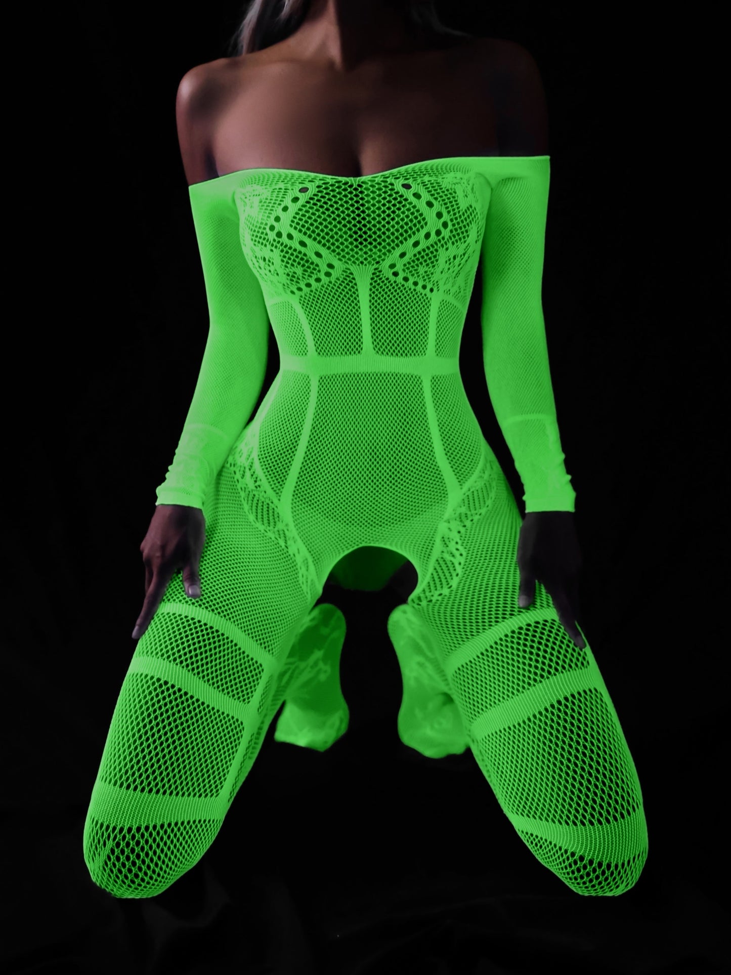 Crotchless, Luminous Fishnet Pattern, Polyester Knit Fabric Full Body Stocking for Adult