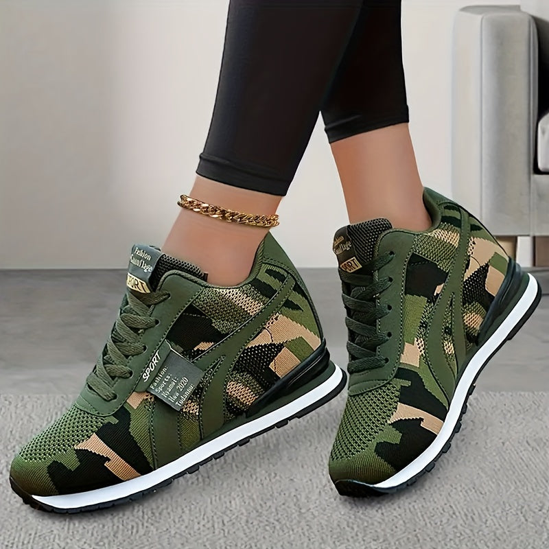 Womens Fashion Camouflage Sneakers - Platform Lace-Up Trainers with Soft Sole & Mesh Upper,  Ideal for Fitness & Style