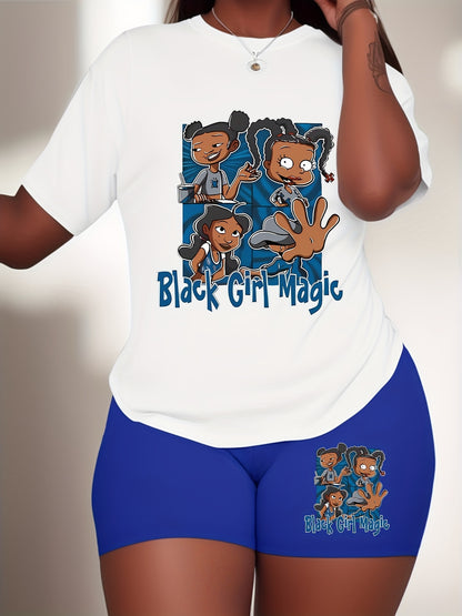 Women's Plus Size Sport 2-Piece Set "Black Girl Magic" Printed White T-Shirt And Blue Shorts, Casual Summer Outfit For Women, Inspirational Graphic Tee With Matching Shorts