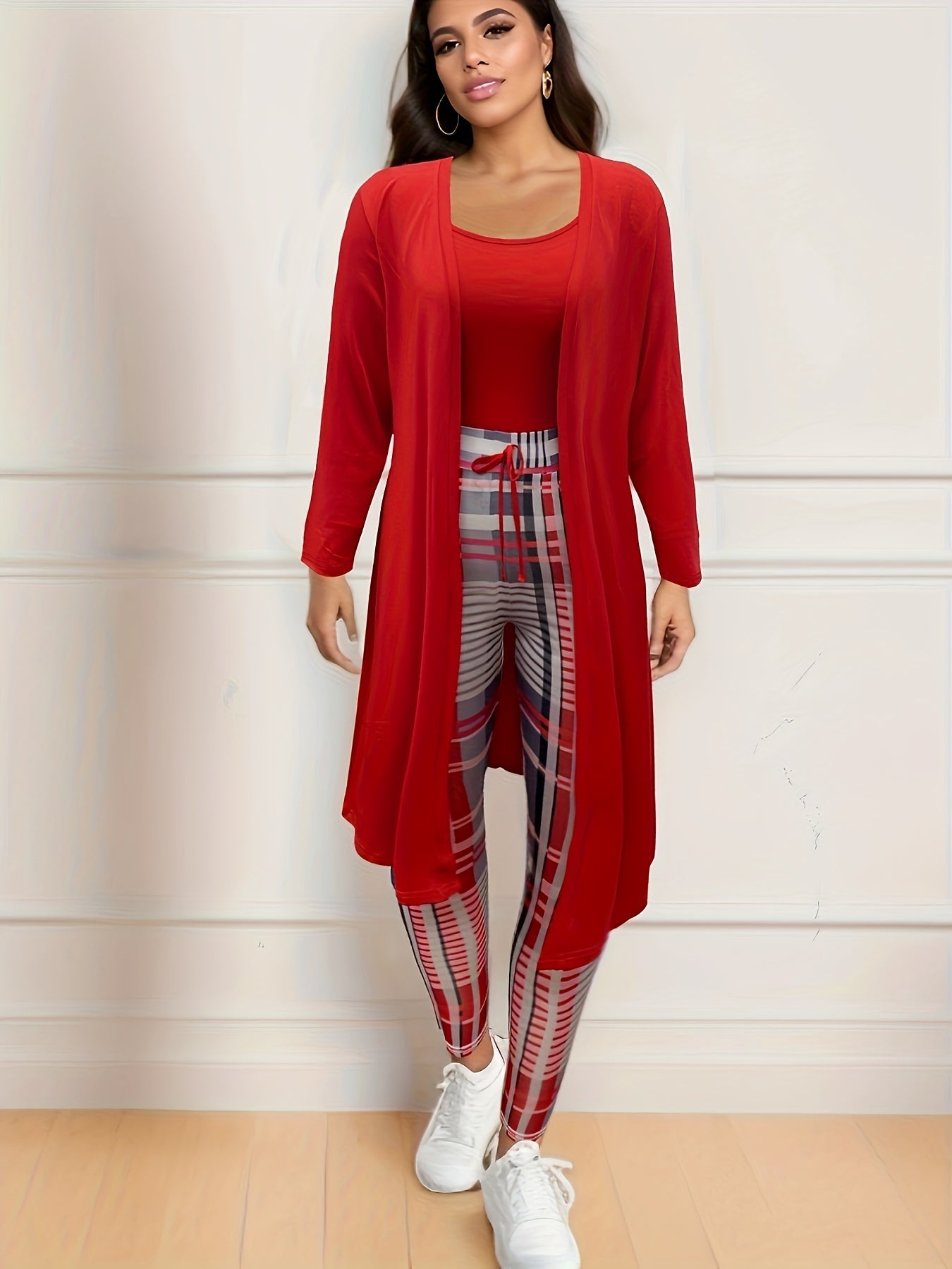 Plus Size Plaid Print Three-piece Set, Crew Neck Cami Top & Drawstring Pants & Long Sleeve Open Front Top Outfits, Women's Plus Size Clothing