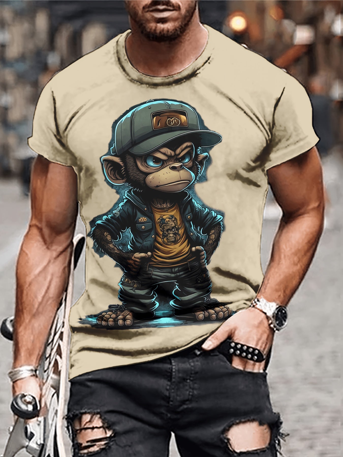 Mens Vibrant Monkey Print Crew Neck T-Shirt - Soft Slight Stretch Polyester Fabric, Regular Fit, Short Sleeve, Machine Washable - Perfect for Outdoor Casual Wear in Spring and Fall