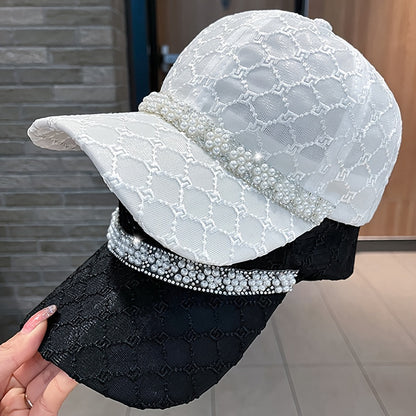 Summer Breathable Mesh Baseball Cap, Lightweight Faux Pearl Embellished Peaked Hat, Breathable Soft Top Dad Hat For Women