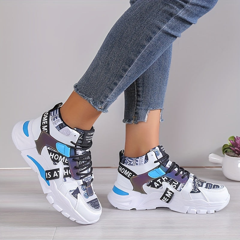 Chic All-Season Women’s Sports Shoes: Color Block, Comfortable Non-Slip, Unique Print & Versatile Medium Top