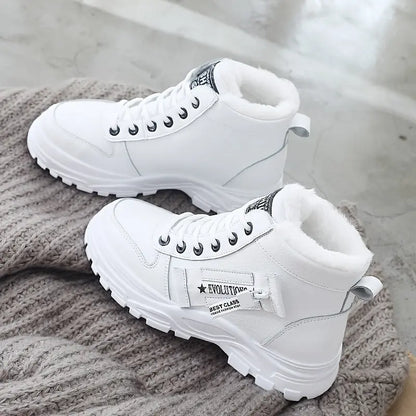 [Warm Fleece-Lined Winter Boots] Warm Fleece-Lined Women's Winter High-Top Boots - Thick Rubber Sole, Lace-Up Casual Style, White & Beige, Perfect for Cold Weather Comfort Chic Le'Meek