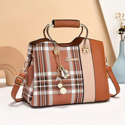 [Elegant Tote Bag] Elegant Plaid Tote Bag | Detachable Shoulder Strap & Zipper Closure, Black with Golden Accents, Charm Charms & Oil-Edged Trim, Versatile Handbag for Casual & Formal Outfits, Retro Handbag, Formal Accessory, Chic Le'Meek