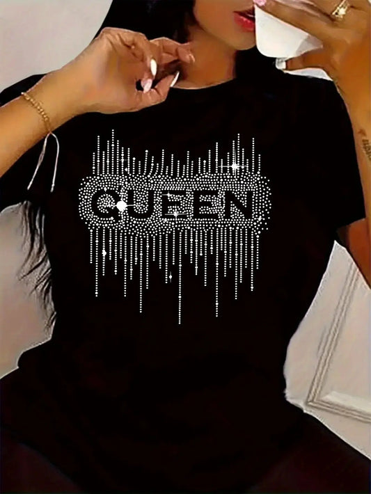 Plus - Size Women'S Round - Neck T - Shirt: Sparkling "QUEEN" Design, Comfortable and Stylish for Daily Wear Chic Le'Meek