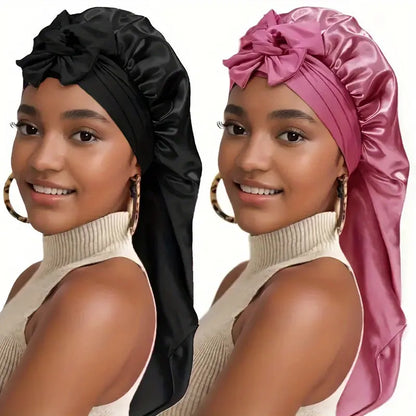 [Satin Sleep Caps] 2pcs Extra Long Satin Sleep Caps - Soft 100% Polyester, Adjustable Tie Design, Comfortable & Stylish for Women in Black & Pink Chic Le'Meek