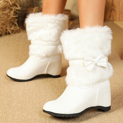 Women's Plush-Lined Winter Boots - Cozy Slip-On Mid-Calf Riding Boots with Thick Sole, Round Toe, and Bow Detail in White, Black, and Pink - Perfect for Cold Weather Comfort, Snow Boots Chic Le'Meek
