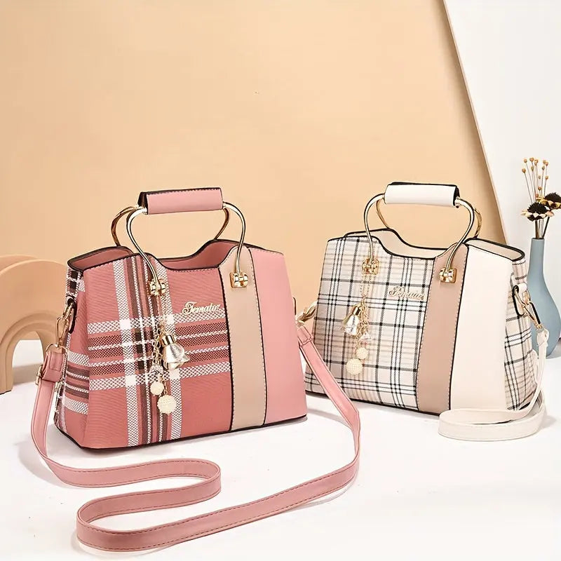 [Elegant Tote Bag] Elegant Plaid Tote Bag | Detachable Shoulder Strap & Zipper Closure, Black with Golden Accents, Charm Charms & Oil-Edged Trim, Versatile Handbag for Casual & Formal Outfits, Retro Handbag, Formal Accessory, Chic Le'Meek