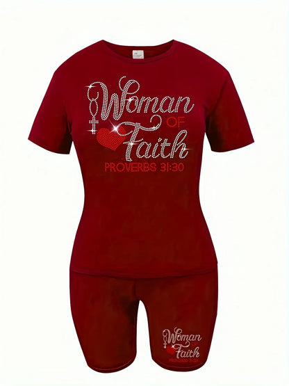 Ladies' Casual Short Sleeved Shorts Set, Hot Stamping Craftsmanship, Women's Faith Letter Hot Stamping Heart Pattern Chic Le'Meek