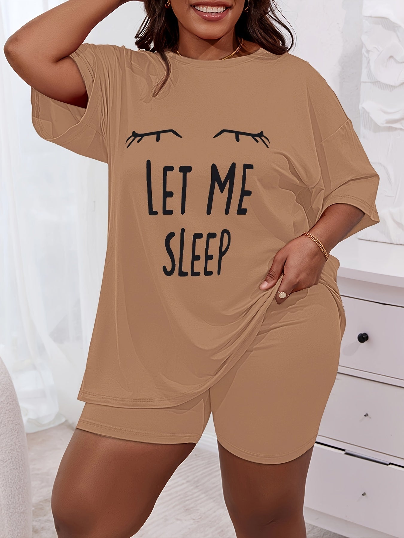 Plus Size Womens Comfort Lounge Set - Bold Eye & Slogan Print Tee with Shorts, Round Neck, Short Sleeve, Drop Shoulder - 2 Piece Casual Home Wear Set for a Stylish Relaxation