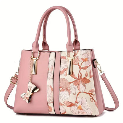 [Chic Floral Print Shoulder Handbag] Elegant Floral Print Women's Handbag - Chic Colorblock Shoulder Bag with Zip Closure, Durable PU Material Chic Le'Meek