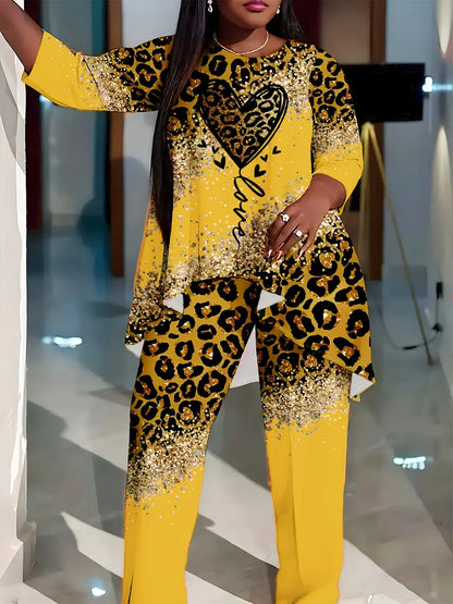 Leopard & Heart Print Plus-Size Set for Women - High-Low Hem, 3/4 Sleeves, Crew Neck Top & Pants Chic Le'Meek