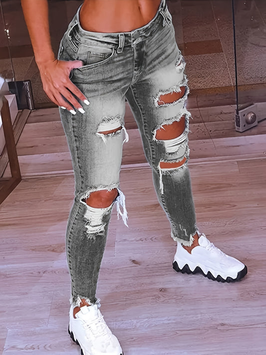 Plus Size Casual Jeans, Women's Plus Solid Distressed Ripped Raw Trim Button Fly High Rise High Stretch Skinny Jeans