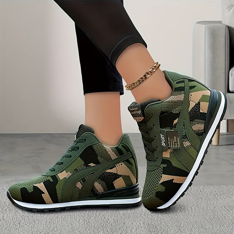 Womens Fashion Camouflage Sneakers - Platform Lace-Up Trainers with Soft Sole & Mesh Upper,  Ideal for Fitness & Style