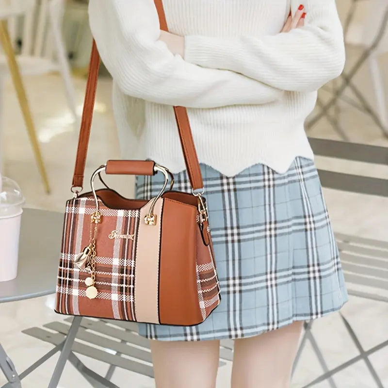 [Elegant Tote Bag] Elegant Plaid Tote Bag | Detachable Shoulder Strap & Zipper Closure, Black with Golden Accents, Charm Charms & Oil-Edged Trim, Versatile Handbag for Casual & Formal Outfits, Retro Handbag, Formal Accessory, Chic Le'Meek