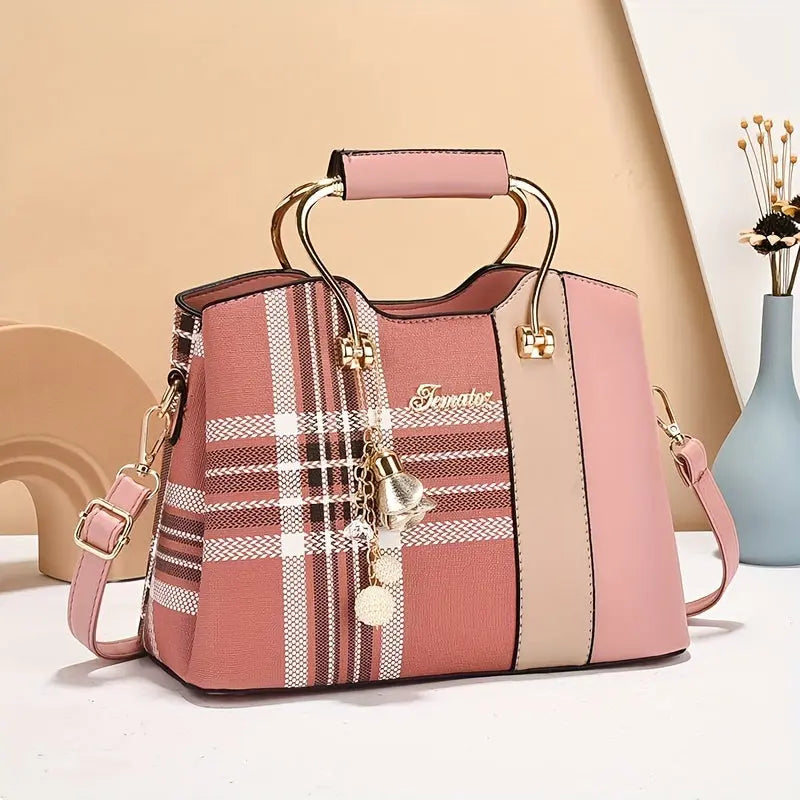 [Elegant Tote Bag] Elegant Plaid Tote Bag | Detachable Shoulder Strap & Zipper Closure, Black with Golden Accents, Charm Charms & Oil-Edged Trim, Versatile Handbag for Casual & Formal Outfits, Retro Handbag, Formal Accessory, Chic Le'Meek